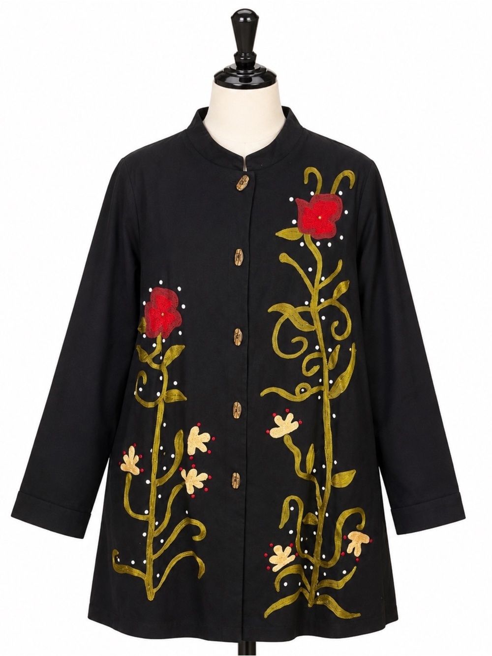 Alex Kim Vintage Black Lined Embroidered Floral Longline Jacket Size 2X Asian